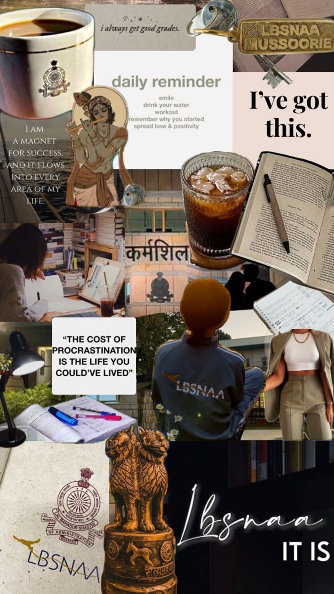 the collage shows many different things that are in this photo, including coffee and books