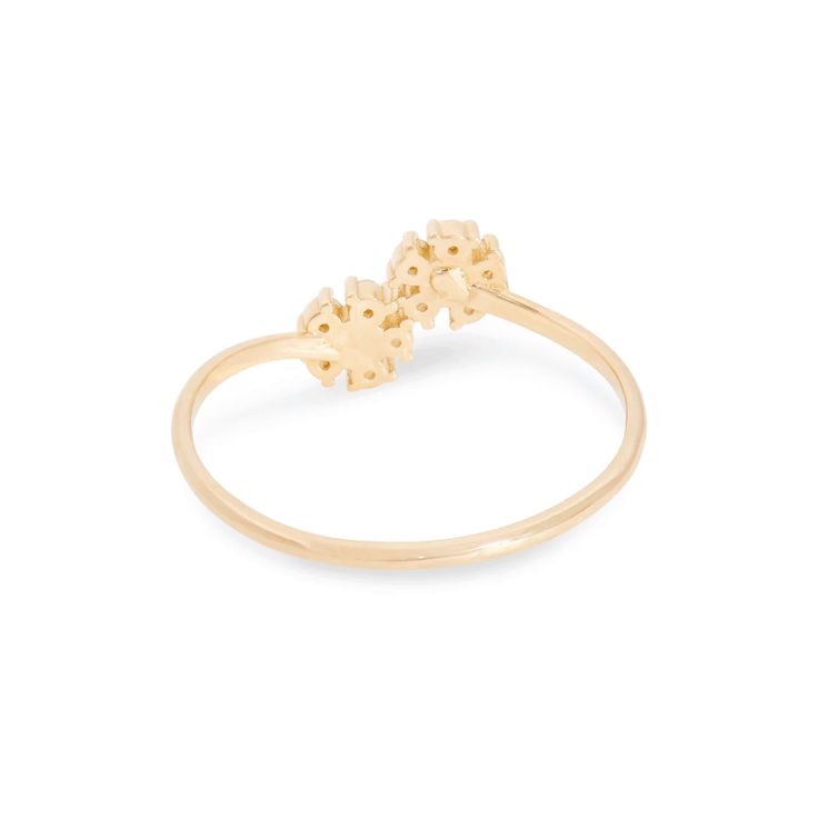 This delicate ring is adorned with two enchanting flowers. This sweet and elegant ring captures the essence of nature's beauty, bringing a touch of charm to your everyday style. Embrace the harmonious blend of sophistication and sweetness. Metal: 14k Gold over Sterling Silver Size: 14.9-19 mm / 0.59-0.75" Stone Type: JOOPITA® Stone Weight: 1.0 g Elegant 14k Gold Flower Ring With Rose Cut Diamonds, Adjustable Yellow Gold Flower Ring Fine Jewelry, Delicate Cluster Promise Ring, Yellow Gold Flower Cluster Ring As Promise Ring, 14k Gold Flower Ring With Prong Setting, Yellow Gold Flower Cluster Ring For Promise, Delicate Yellow Gold Flower Ring With Prong Setting, Elegant 14k Gold Flower Ring, Delicate White Gold Cluster Ring