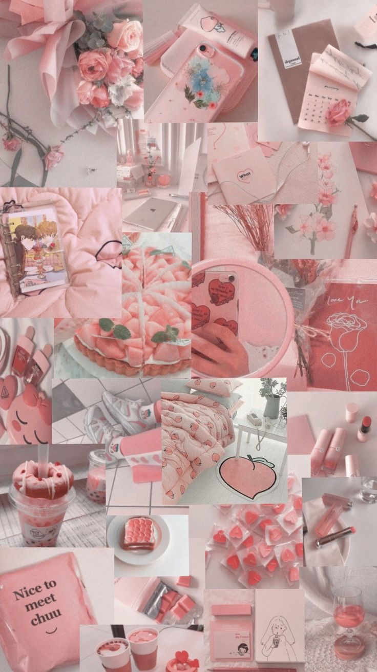 a collage of pink and white items with hearts on them, such as cards