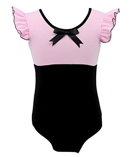 a pink and black swimsuit with ruffles on the front, one piece