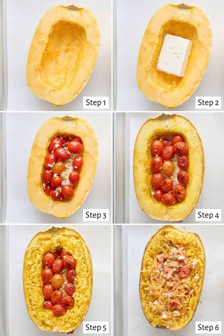 the steps in how to make a spaghetti dish stuffed sweet potatoes with tomatoes and cheese