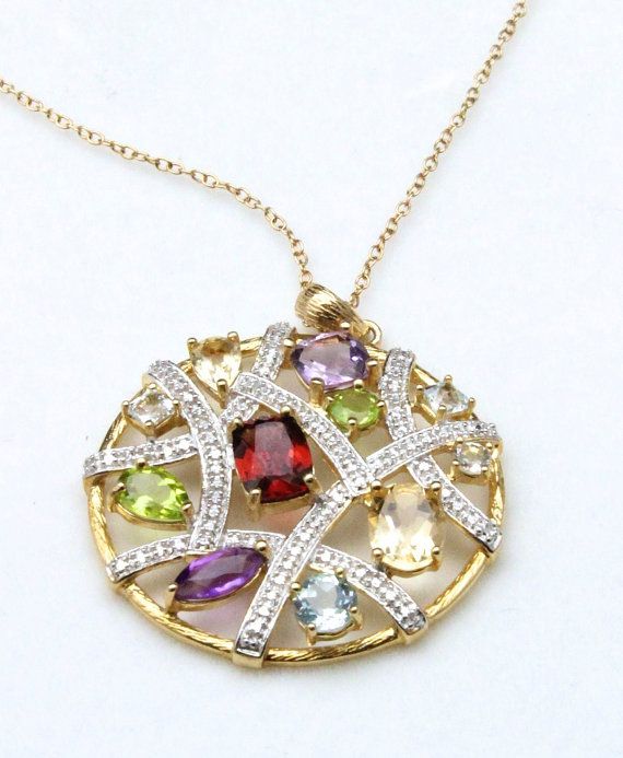 Vintage Multi Gemstone Round Pendant Necklace Sterling Silver Gold Topaz Garnet Gold Topaz, Cross Hatching, Round Pendant Necklace, Owl Necklace, Turquoise Cuff, Sterling Silver Cuff, Glass Bead Necklace, Silver Cuff Bracelet, Circle Pendant