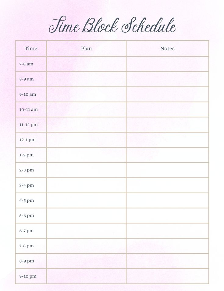 the printable time block schedule is shown in pink and white with black writing on it