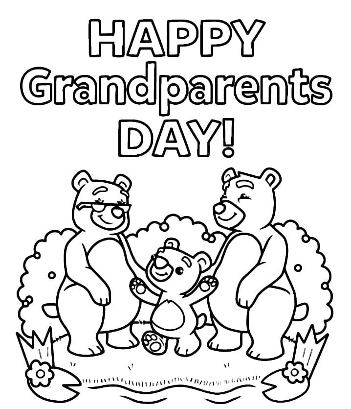 happy grandparents day coloring page with two bears and a bear cub on the ground,