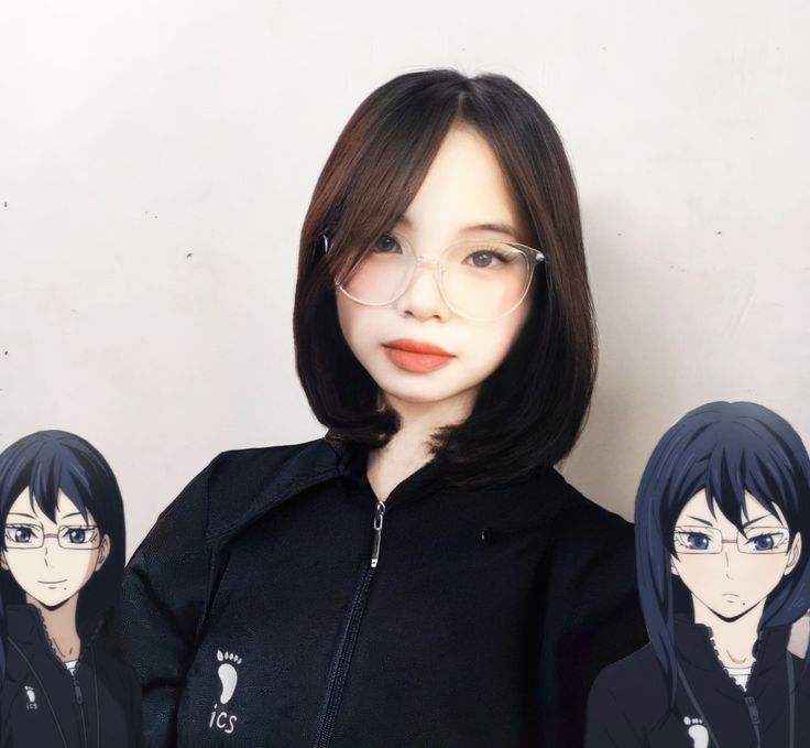 a woman with glasses and an anime avatar