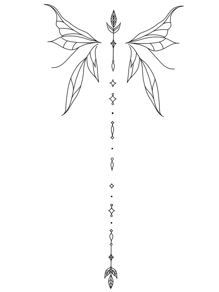 a line drawing of a dragon with wings on it's back, and arrows in the