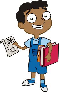 a cartoon boy holding a binder and a book