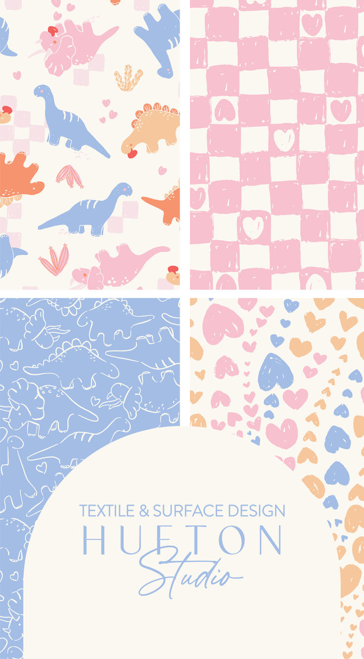 four different patterns in pastel and surface design, with the words hueton studios on them