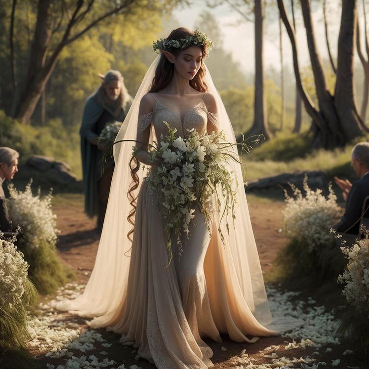 a woman in a wedding dress with flowers on her head is walking through the woods