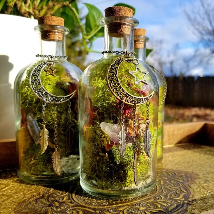 two glass bottles filled with moss and beads