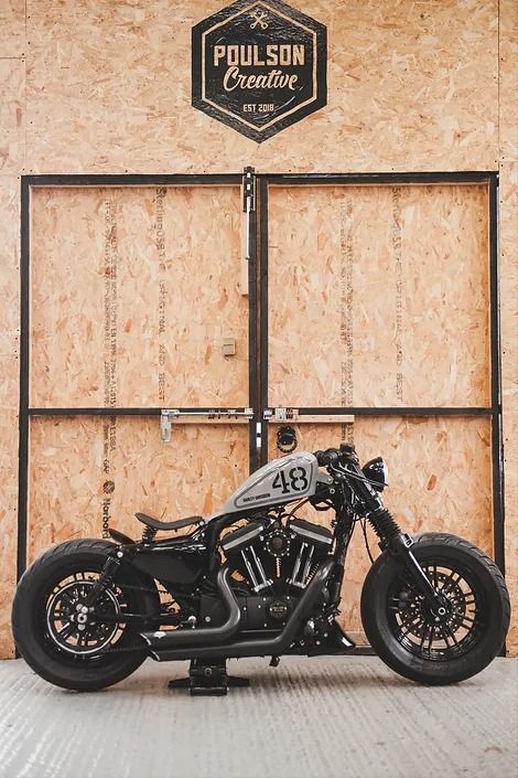 HD Sportster Bobber ‘Gloss grey 48’ by Poulson Creative Hd Iron 883, Harley Bobber Sportster, Harley 48 Bobber, Harley Davidson Heritage Classic, Iron 883 Bobber, Harley Forty Eight, Harley Sportster Bobber, 883 Bobber, Harley Sportster 48