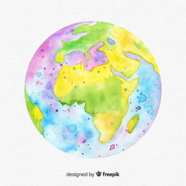 the earth painted in watercolor on white paper with blue, yellow and green colors