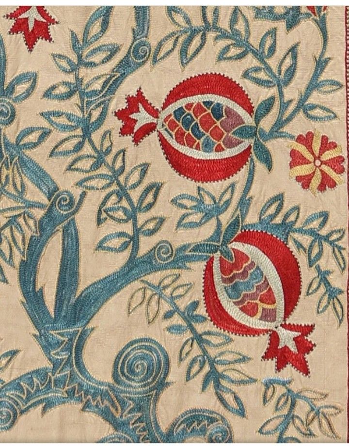 an intricately designed piece of cloth with red, blue and white designs on it