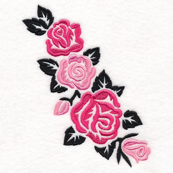 pink roses embroidered on white fabric with black leaves and stems in the center, sitting next to each other