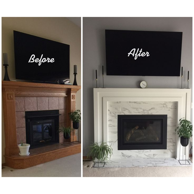 before and after pictures of a fireplace mantel with tv above it, in the living room