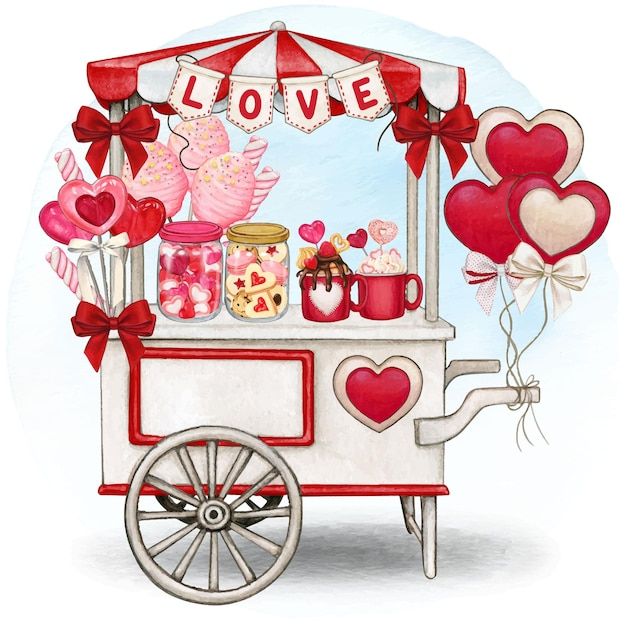 a drawing of a love ice cream cart with heart shaped balloons and candy in it