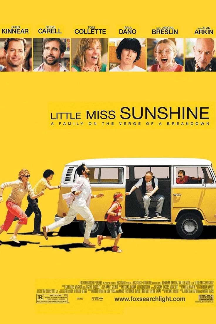 the movie poster for little miss sunshine is shown in blue, yellow and green colors