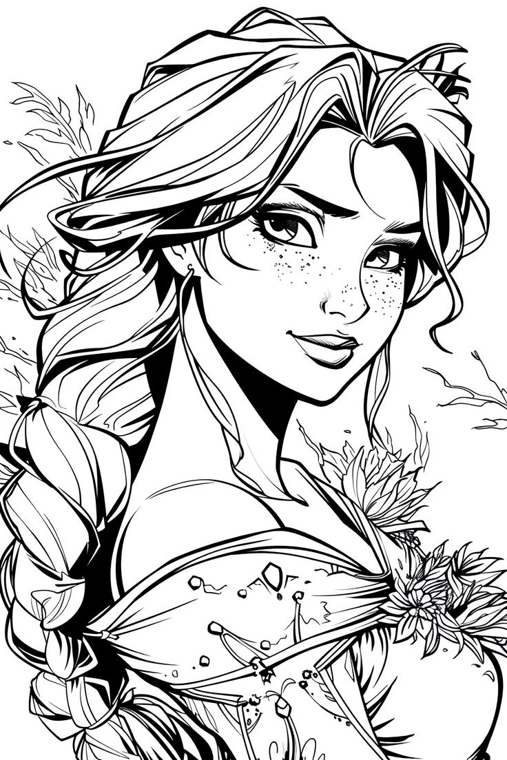 the princess from disney's frozen world coloring page with flowers in her hair and leaves