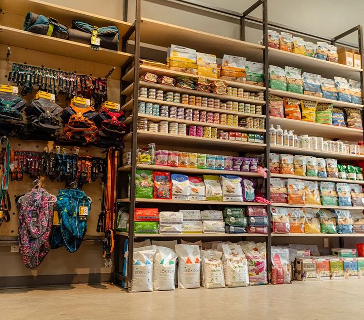 the inside of a store filled with lots of products and supplies on shelves, including umbrellas