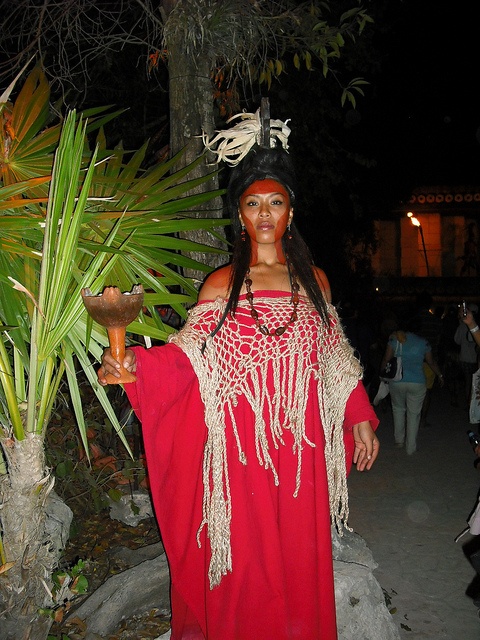 a woman dressed in native american clothing holding a potted plant