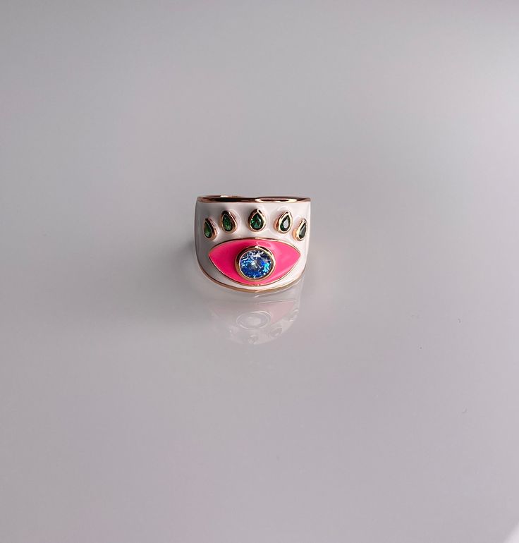 Gorgeous enamel Ring! This ring is more than a fashion statement, it is also a beautiful piece of artwork! Grab yours today! Specifications: . Enamel - Turquoise and Blue Evil Eye Ring . Adjustable Pink Enamel Promise Ring, Gift Rings With Black Enamel, Enamel Open Promise Ring, Blue Enamel Open Ring Jewelry, Hand Painted Enamel Ring Jewelry, Unique Multicolor Enamel Ring, Enamel Round Promise Ring, Round Enamel Promise Ring, Handmade White Enamel Ring