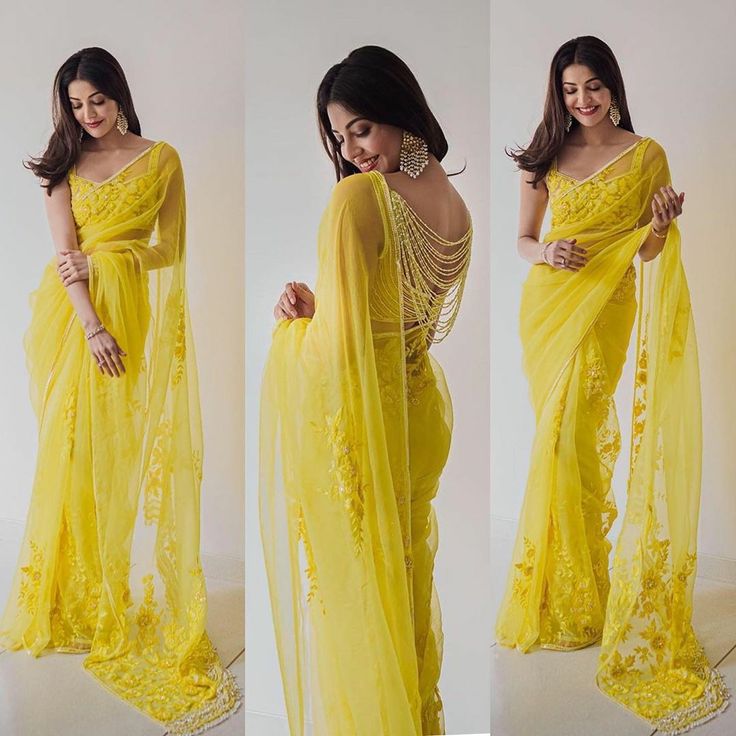 Designer Yellow Saree, Haldi Outfits Saree, Haldi Saree Outfit, Saree For Dusky Skin Tone, Haldi Saree Look, Haldi Saree Indian Bridal, Yellow Saree Look, Yellow Saree For Haldi, Saree For Haldi