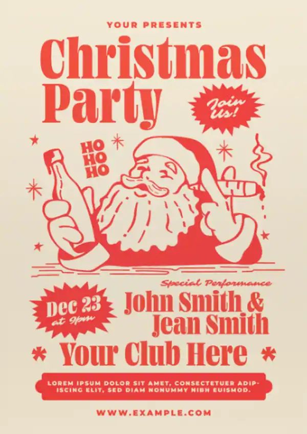 a christmas party flyer with santa claus holding a beer