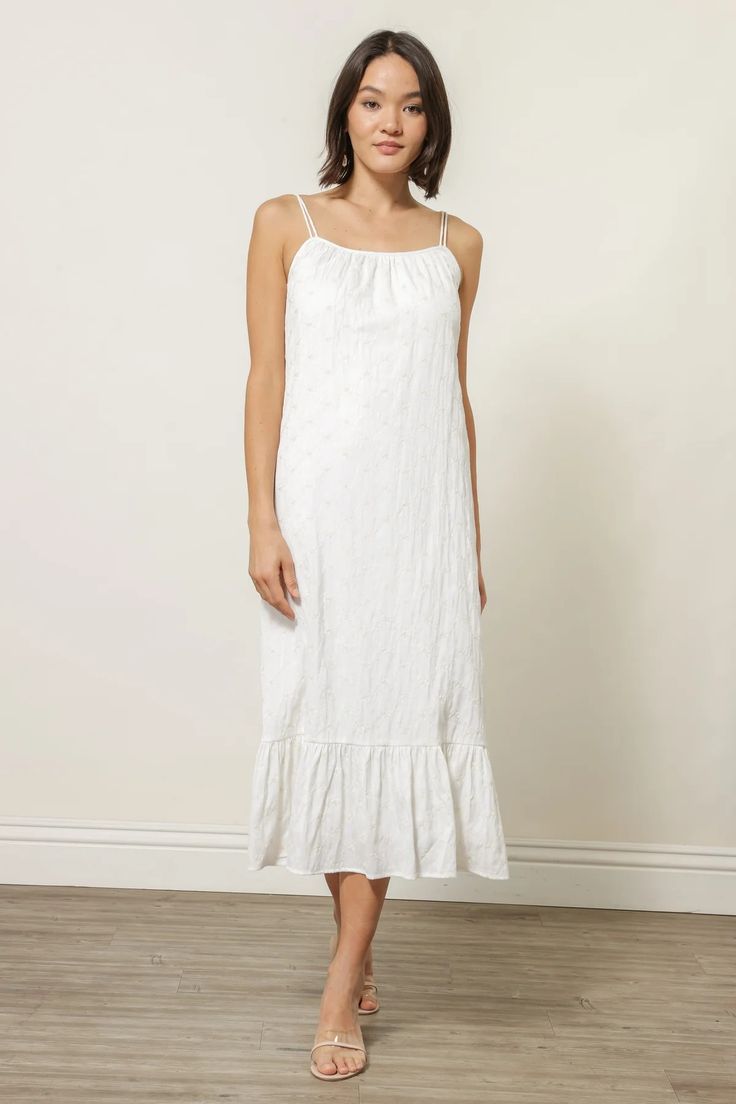 DAKOTA MIDI DRESS – Line & Dot Spring Midi Sundress For Brunch, Feminine Mid-length Dress For Date Night, Chic Sundress With Spaghetti Straps For Daywear, Spring Midi Length Sundress, Elegant Ruffled Maxi Dress, White Midi Dress With Spaghetti Straps, White Midi Dress For Spring, Fitted Midi Sundress For Daywear, Fitted Midi Length Sundress For Daywear