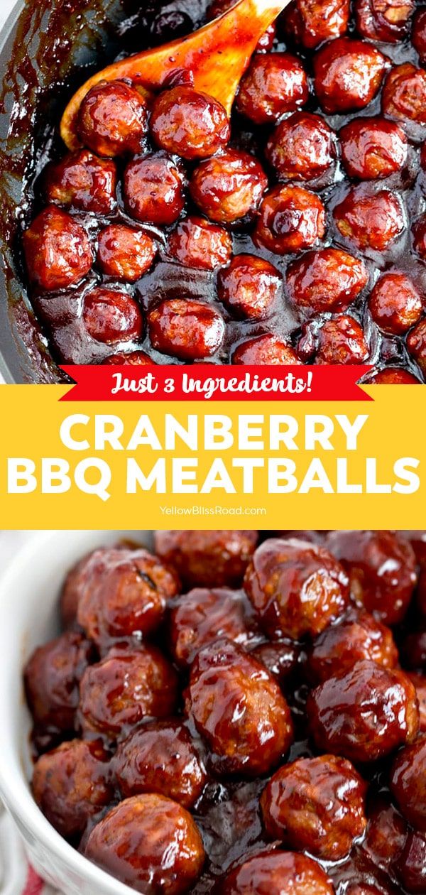 cranberry bbq meatballs in a white bowl with text overlay that says just 3 ingredients