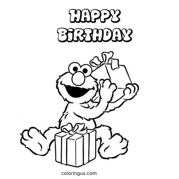 the sesame character is holding a gift box with happy birthday written in black and white