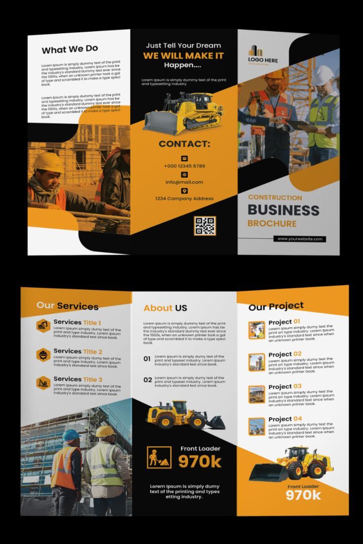 two fold brochure with construction workers on the front and back pages, both in yellow