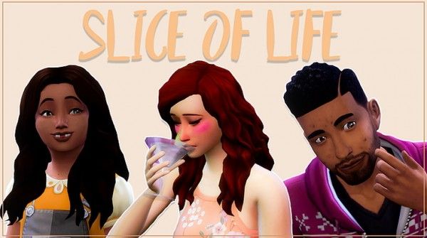 three animated people are drinking from cups and looking at the camera with words saying, slice of life