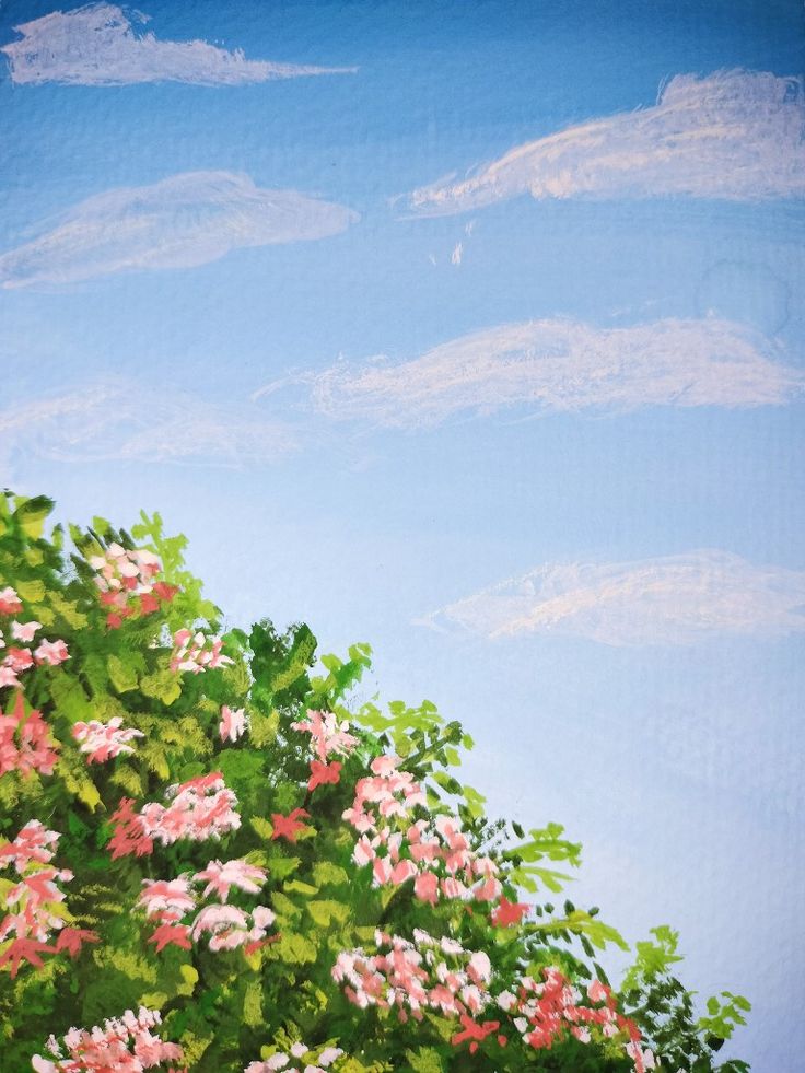 an oil painting of pink and white flowers on a blue sky with clouds in the background