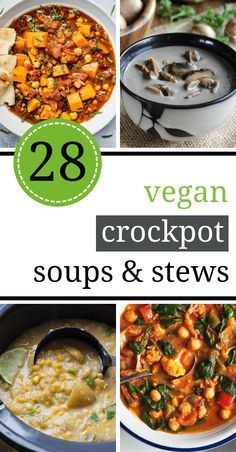 vegan crockpot soups and stews collage with text overlay