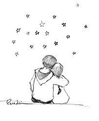 a drawing of two people sitting on the ground with stars in the sky above them