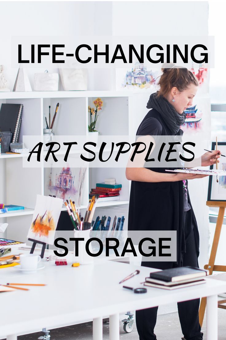 a woman standing in front of a white table with art supplies on it and the words life - changing art supplies storage above her