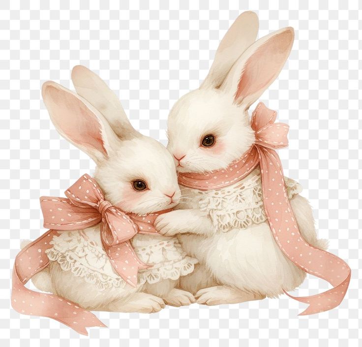 two white rabbits with pink bows on their heads sitting next to each other, transparent background