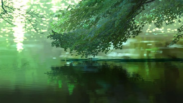 a painting of a tree over water with buildings in the background and green leaves on it