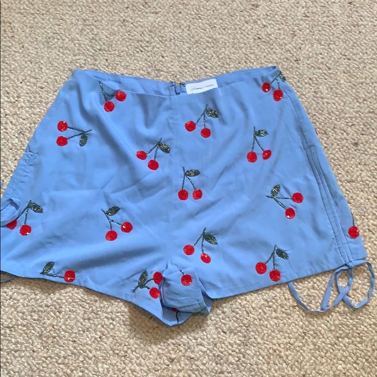 Never Worn Before Perfect Condition Super Cute Cherry Shorts! Cute Light Blue Bottoms For Summer, Cute Light Blue Summer Bottoms, Blue Bottoms For Brunch In Spring, Blue Shorts For Brunch, Casual Blue Shorts For Brunch, Cute Blue Shorts For Spring, Trendy Blue Bottoms For Brunch, Cute Blue Shorts, Cute Blue Summer Shorts