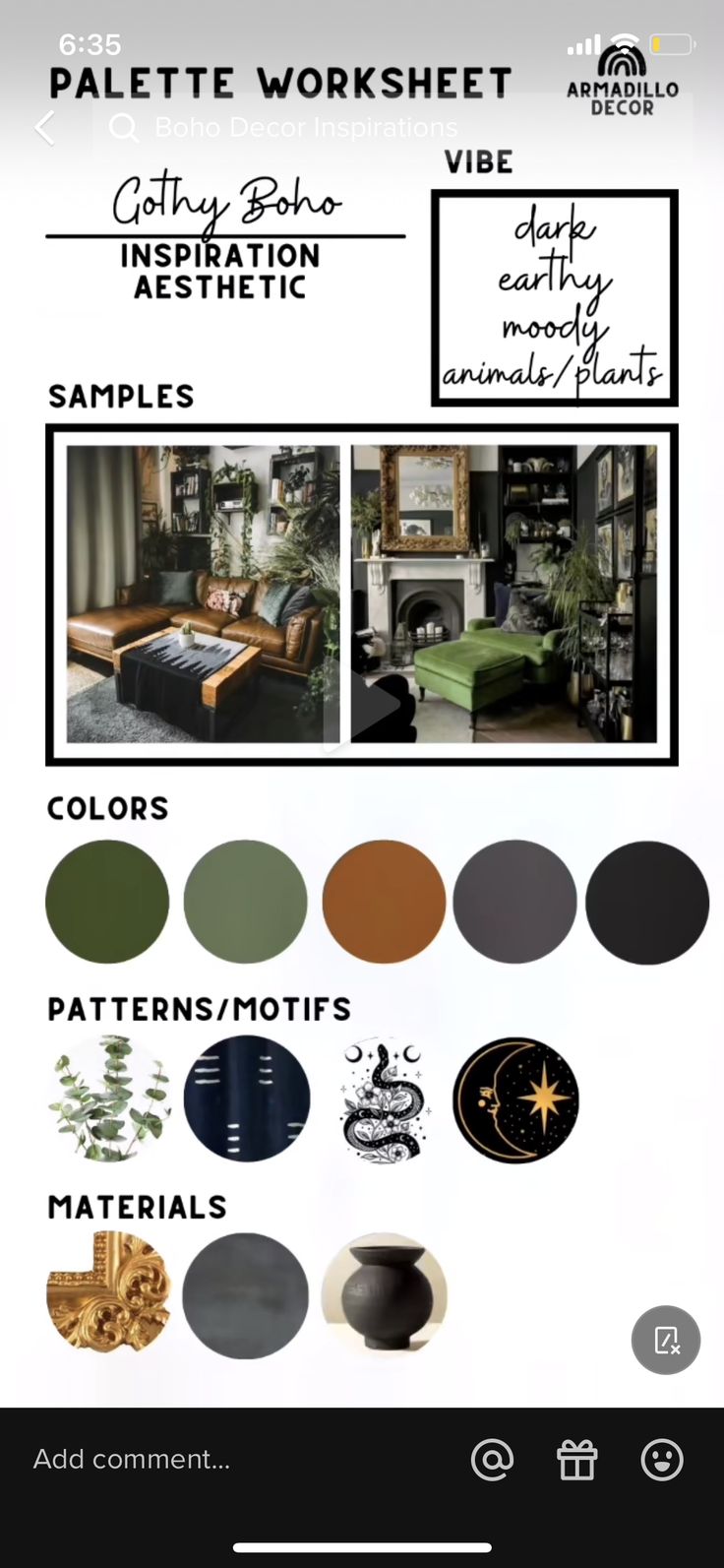 the palette worksheet for an interior design project