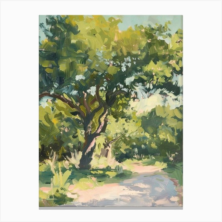 an oil painting of a tree on a sunny day