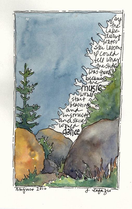 an ink drawing of trees and rocks with words written on the top, below them