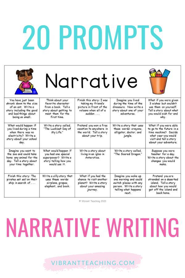 an interactive writing activity for kids with the text, 20 prompts narrative writing