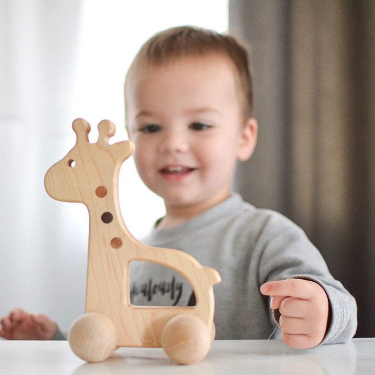 a little boy that is playing with a wooden giraffe