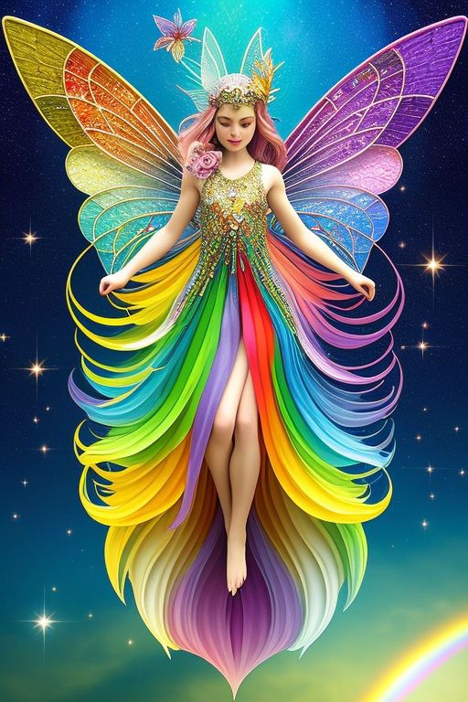 a rainbow fairy standing on top of a rainbow colored cloud with her wings spread out