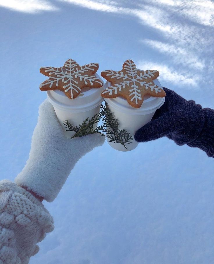 a person is holding out some cookies in the snow