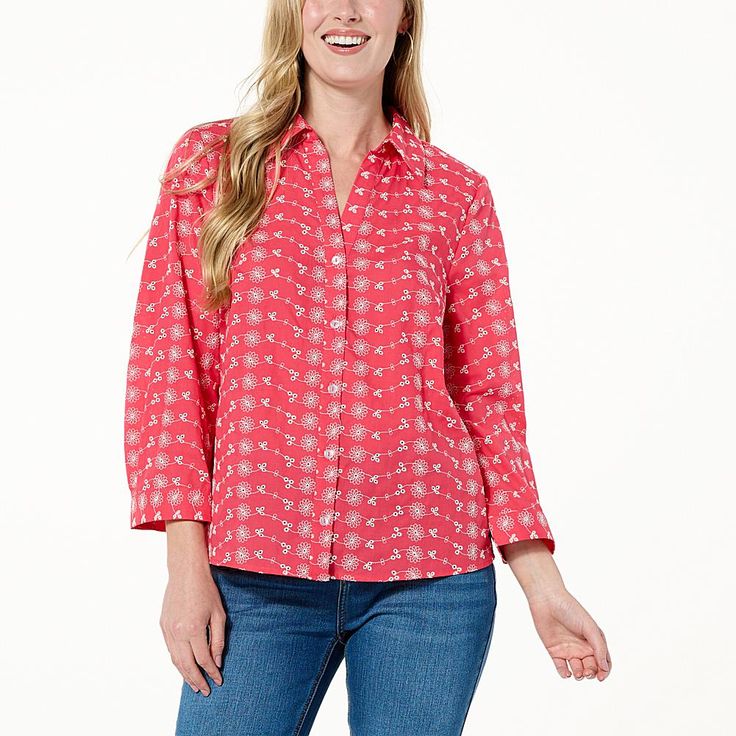 Jaclyn Smith Floral Eyelet Button-Up Top  Summer is sweeter in this button-front shirt, covered in all-over eyelets and floral embroidery for a breezy look and feel. Jaclyn Smith, Top Summer, Draped Fabric, Collar Blouse, Button Front Shirt, Fashion Colours, Summer Tops, Floral Embroidery, Paradise