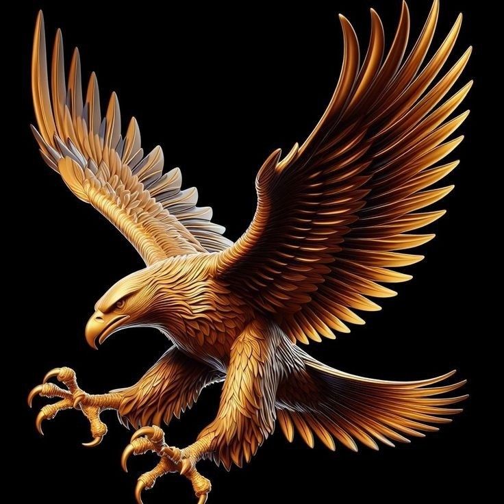 the golden eagle is flying with its wings spread out and talons extended, on a black background