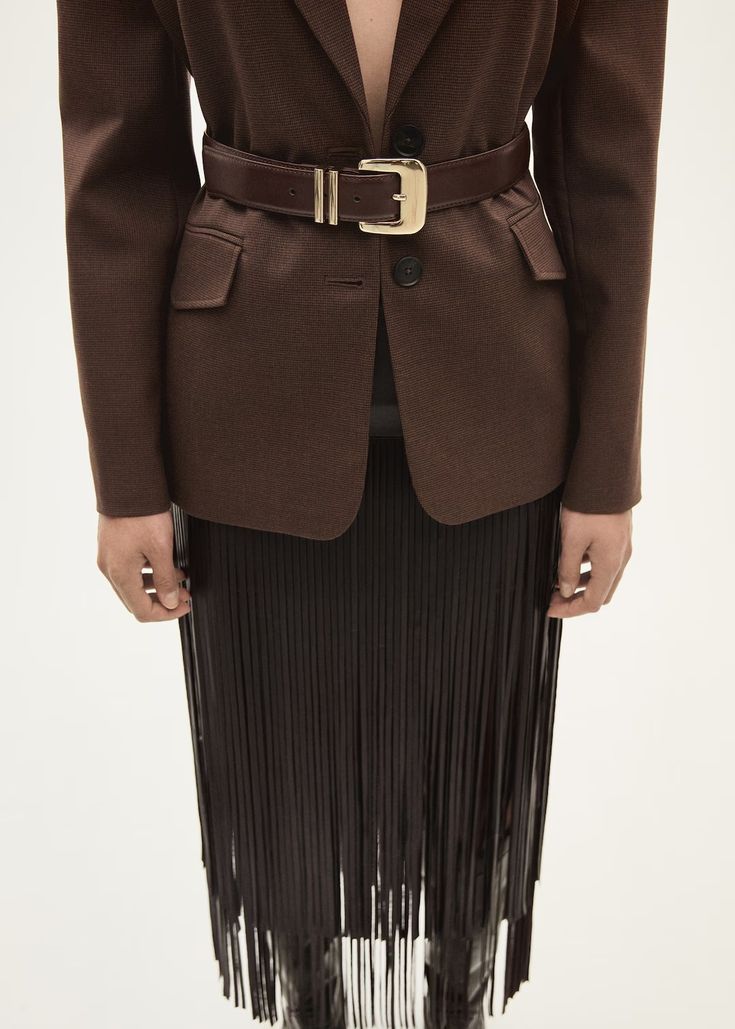 Leather-effect fringed skirt - Women | MANGO USA Fringe Skirt Outfit, Fringe Leather Skirt, Rich Girl Fashion, High Street Fashion, Skirt Trends, Brown Skirts, Fringe Skirt, Maxi Knit Dress, Beautiful Skirts