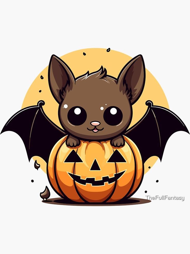 a bat sitting on top of a pumpkin with its eyes open and it's head turned